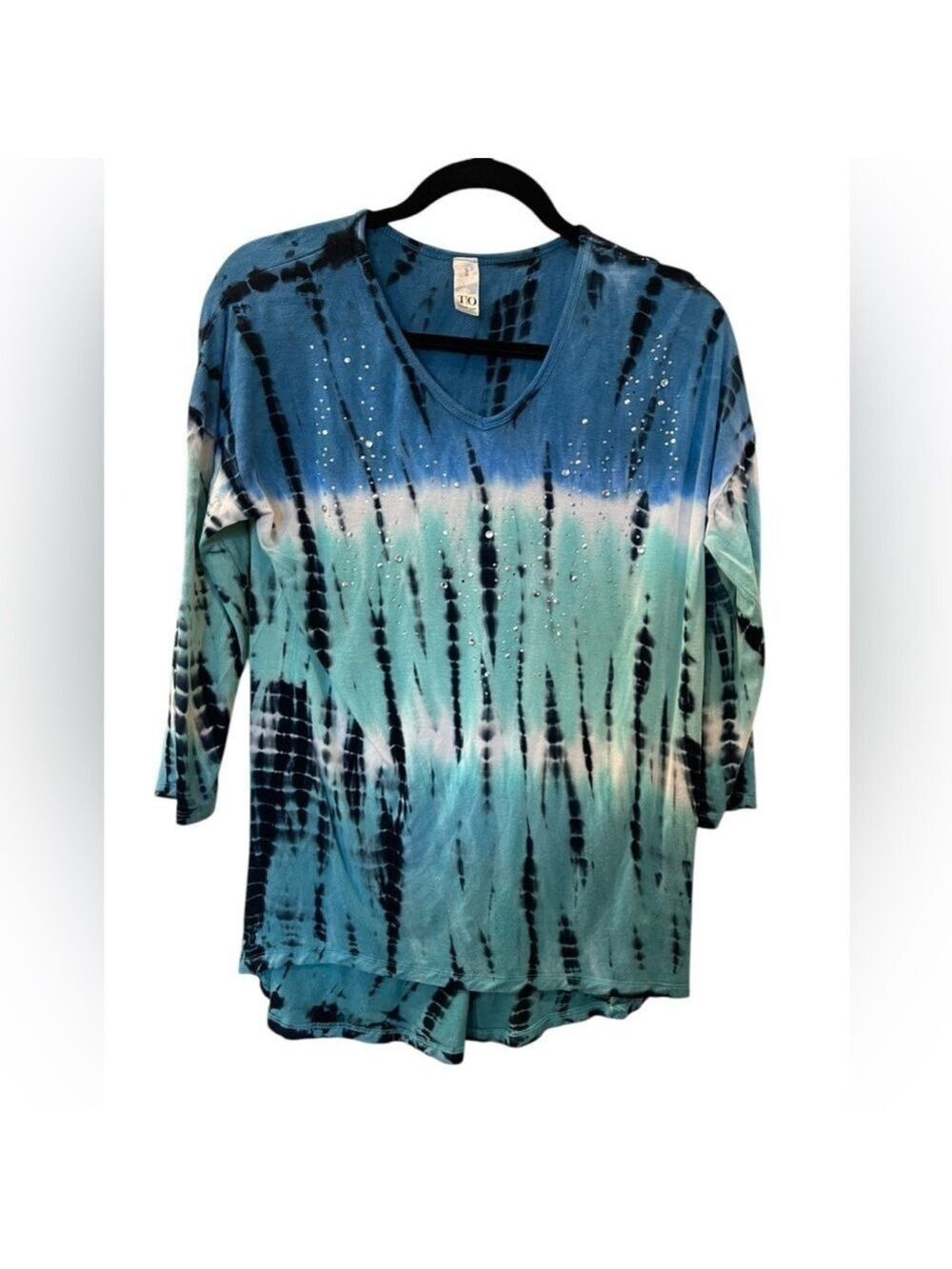 Thomas & Olivia Womens Tie Dye V Neck 3/4 Sleeve Bejeweled Blouse Top Size Small